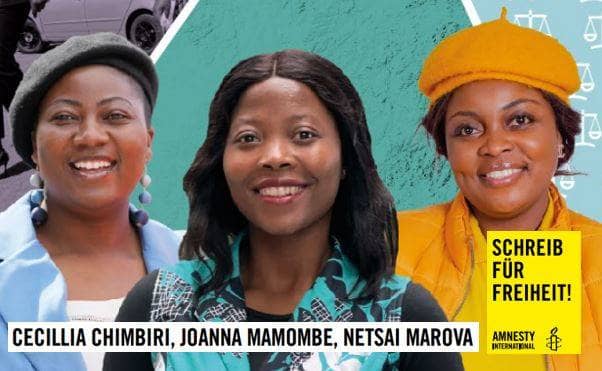 Die Gesichter der drei Oppositionellen aus Simbabwe: Cecillia Chimbiri, Joanna Mambombe, Netsai Marova