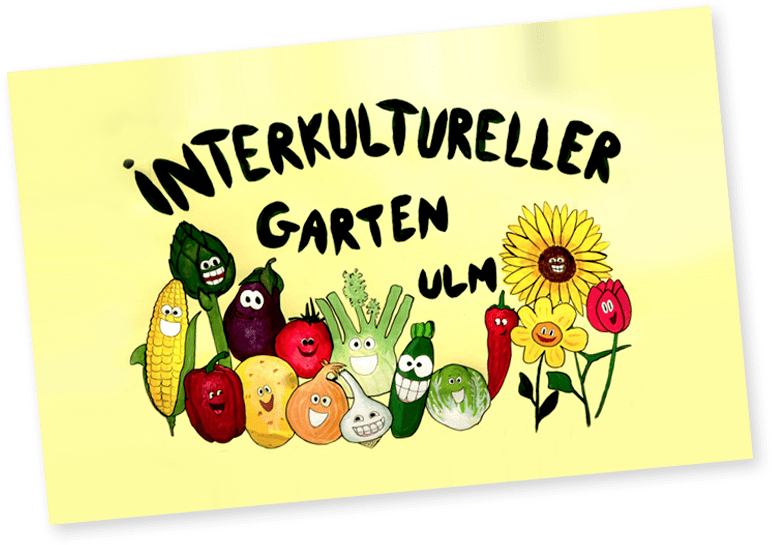 Interkultureller Garten, Gemüse und Pflanzen mit einem einem lächeln gezeichnet im Comic Stil 