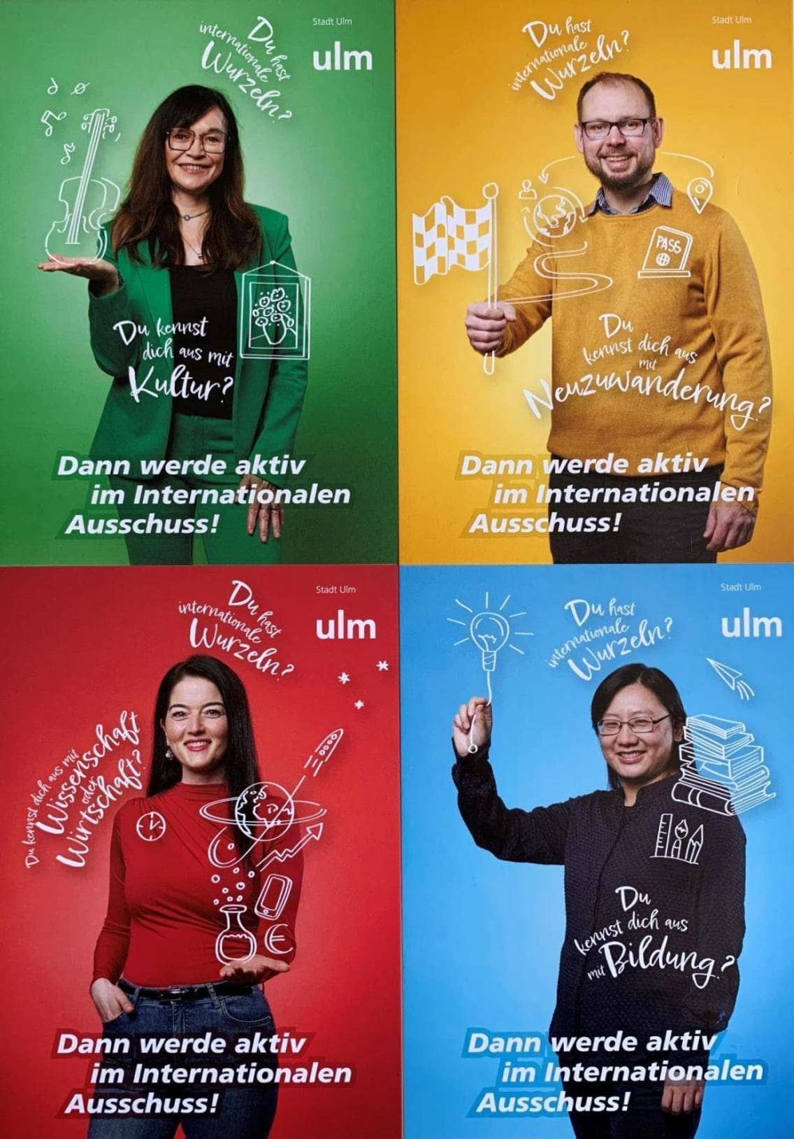 Auf diesem Foto sind vier Personen angeordnet, drei Frauen, ein Mann. Hinter jeder Person ist der Hintergrund anders eingefärbt in gelb, grün, blau und rot. Die Collage trägt den Slogan "Dann werde aktiv im Internationalen Ausschuss"